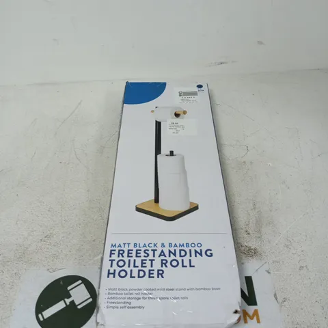 MATT BLACK AND BAMBOO FREESTANDING TOILET ROLL HOLDER BOXED