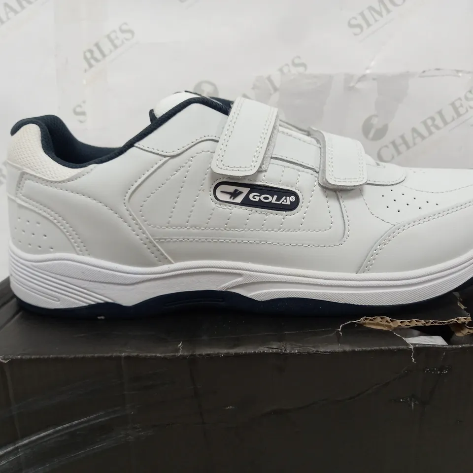 BOXED PAIR OF GOLA BELMONT VELCRO WHITE TRAINERS - UK 12
