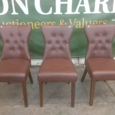 SET OF 3 NEW BEWLEY CLUB BROWN LEATHER BUTTON BACK DINING CHAIRS (DARK OAK LEG)