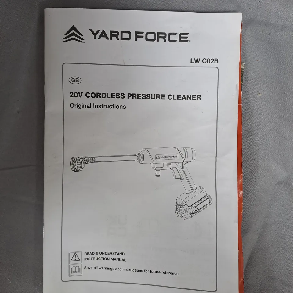 YARD FORCE 20V CORDLESS PRESSURE WASHER LW C02B – WITH HOSE & BRUSH ATTACHMENT
