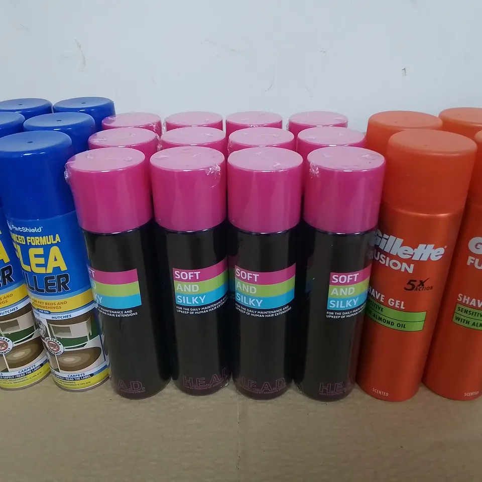 LOT OF ASSORTED HOME AEROSOLS TO INCLUDE SOFT AND SILKY HAIR MAINTENANCE, FLEA KILLER AND GILLETTE SHAVE GEL