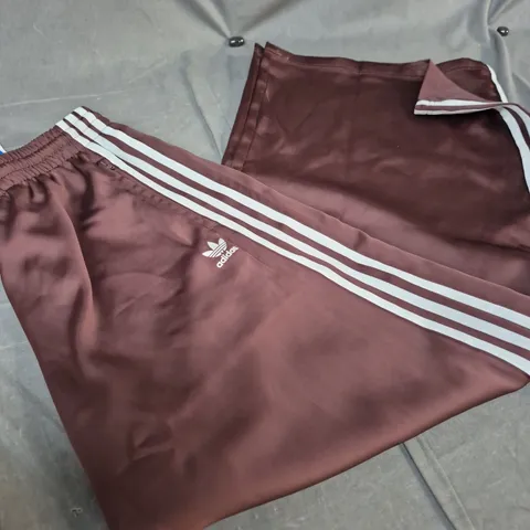 ADIDAS SATIN TRACK PANTS – WOMEN’S BURGUNDY WITH WHITE STRIPES SIZE 6 