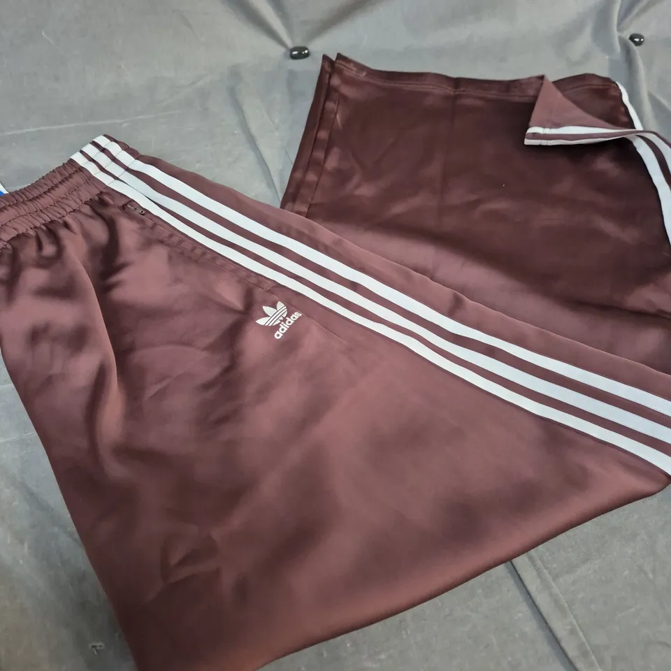 ADIDAS SATIN TRACK PANTS – WOMEN’S BURGUNDY WITH WHITE STRIPES SIZE 6