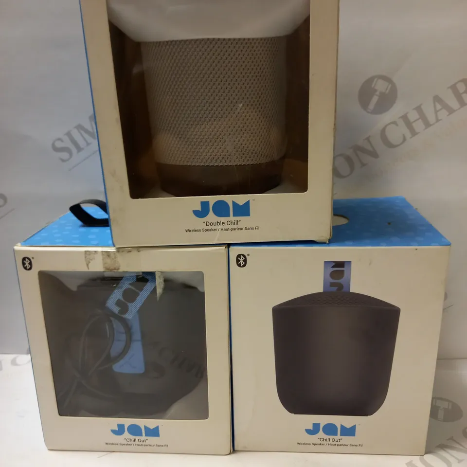 LOT OF 3 ASSORTED JAM "DOUBLE CHILL" AND "CHILL OUT" WIRELESS SPEAKERS	
