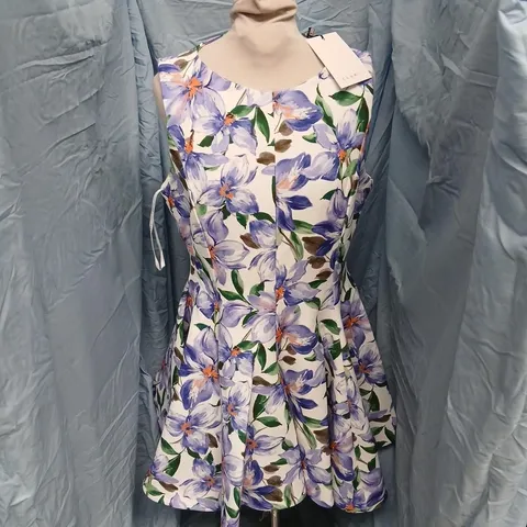 CLUB LONDON PURPLE LILY PRINT HIGH-NECK MINI DRESS – UK 14