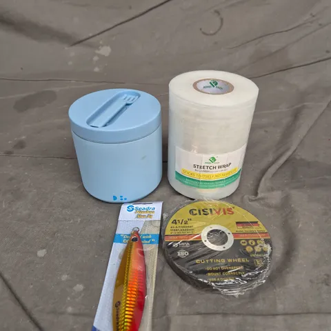 APPROXIMATELY 15 ASSORTED HOUSEHOLD ITEMS TO INCLUDE STRETCH WRAP, STAINLESS STEEL SOUP BOWL AND FISHING LURE