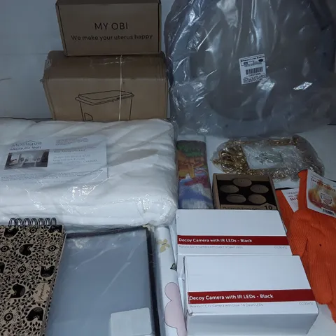 LARGE QUANTITY OF ASSORTED HOUSEHOLD ITEMS TO INCLUDE MOSQUITO NET, DECOY CAMERAS AND SMOKE ALARM