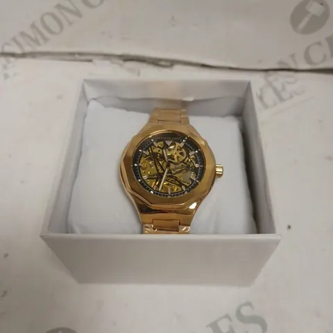 BOXED ANTHONY JAMES GENTS SPORTS SKELETON WATCH WITH STAINLESS STEEL BRACELET. 