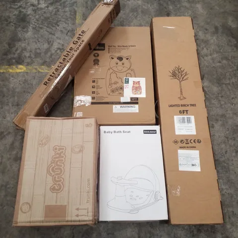 PALLET CONTAINING ASSORTED PRODUCTS INCLUDING RETRACTABLE GATE, WALL TOY, LIGHTED BIRCH TREE, BABY BATH SHEET & TRUNKI KIDS SUITCASE