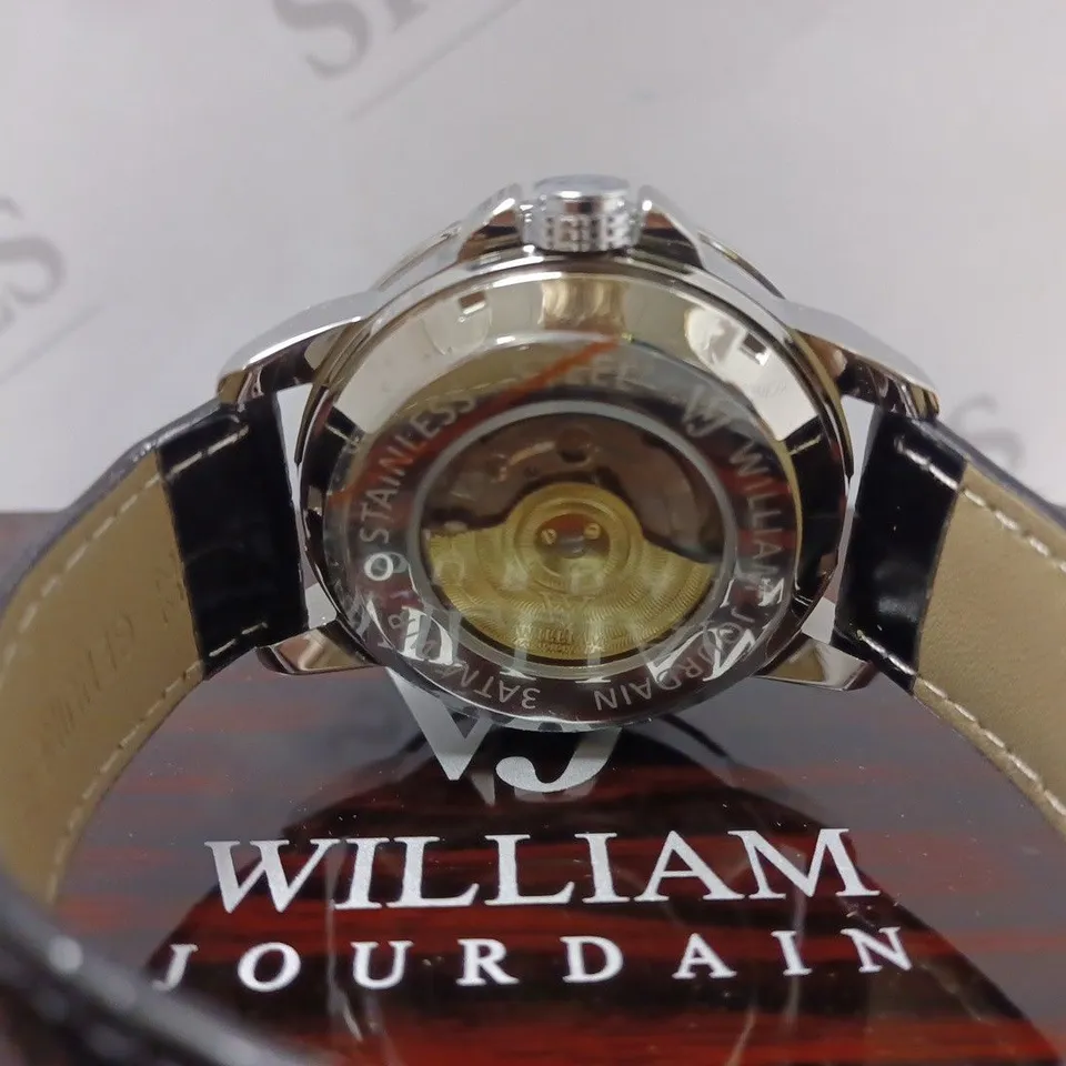 MENS WILLIAM JOURDAIN AUTOMATIC 2580 WATCH – OPEN HEART MOVEMENT WITH SUB DIALS – GLASS EXHIBITION BACK CASE – BLACK GENUINE LEATHER STRAP