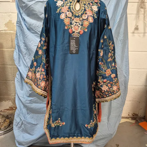 BLUE SATIN KAFTAN WITH FLORAL EMBROIDERY - ASIAN COLLECTION 