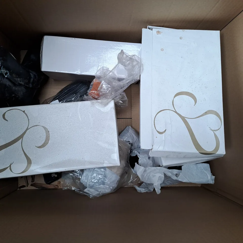 BOX OF APPROXIMATLY 5 SHOES VARIOUS SIZES AND DESIGNS