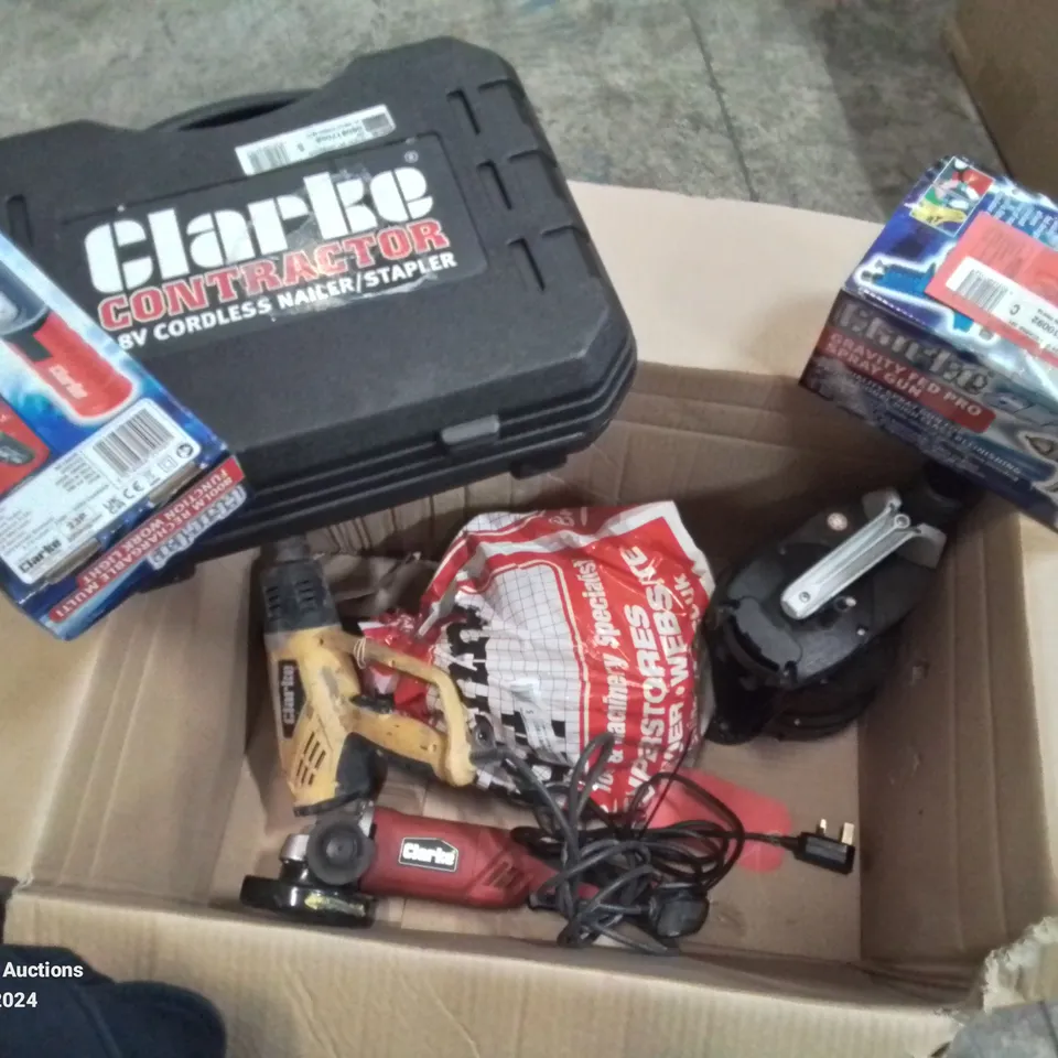 BOX OF MIXED TOOLS TO INCLUDE, 18V CORDLESS NAILER/STAPLER, HEAT GUN, ANGLE GRINDER, WORK LIGHT ETC.