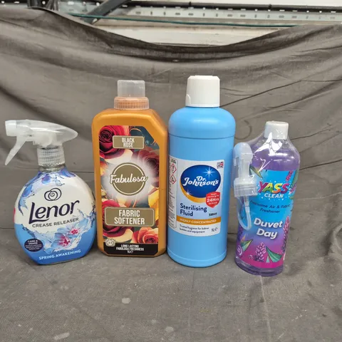 APPROXIMATELY 15 ASSORTED HOUSEHOLD LIQUIDS TO INCLUDE LENOR CREASE RELEASER, DR.JOHNSON'S STERILISING FLUID AND FABULOSA FABRIC SOFETENER