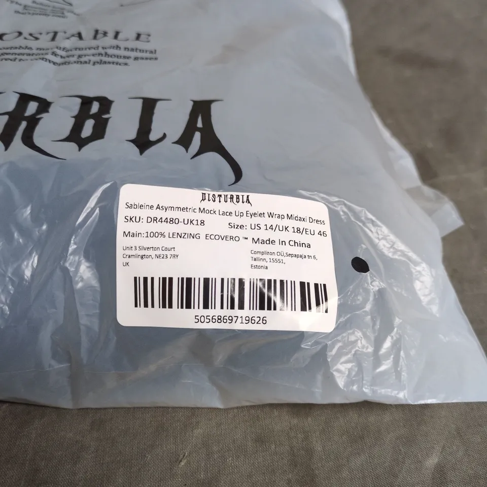 DISTURBIA SABLEINE ASYMMETRIC MOCK LACE UP EYELET WRAP MIDAXI DRESS SIZE 14 