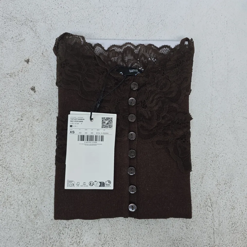 MANGO FINE KNIT LACE CROP TOP IN CHOCOLATE SIZE XS
