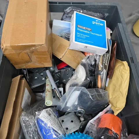 BOX OF ASSORTED ITEMS TO INCLUDE - TOOLS - PENS - BRACKETS