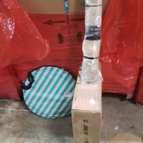 PALLET OF ASSORTED HOUSEHOLD GOODS AND PRODUCTS TO INCLUDE;DOOR MAT,POPUP TENT,CEILING FAN 