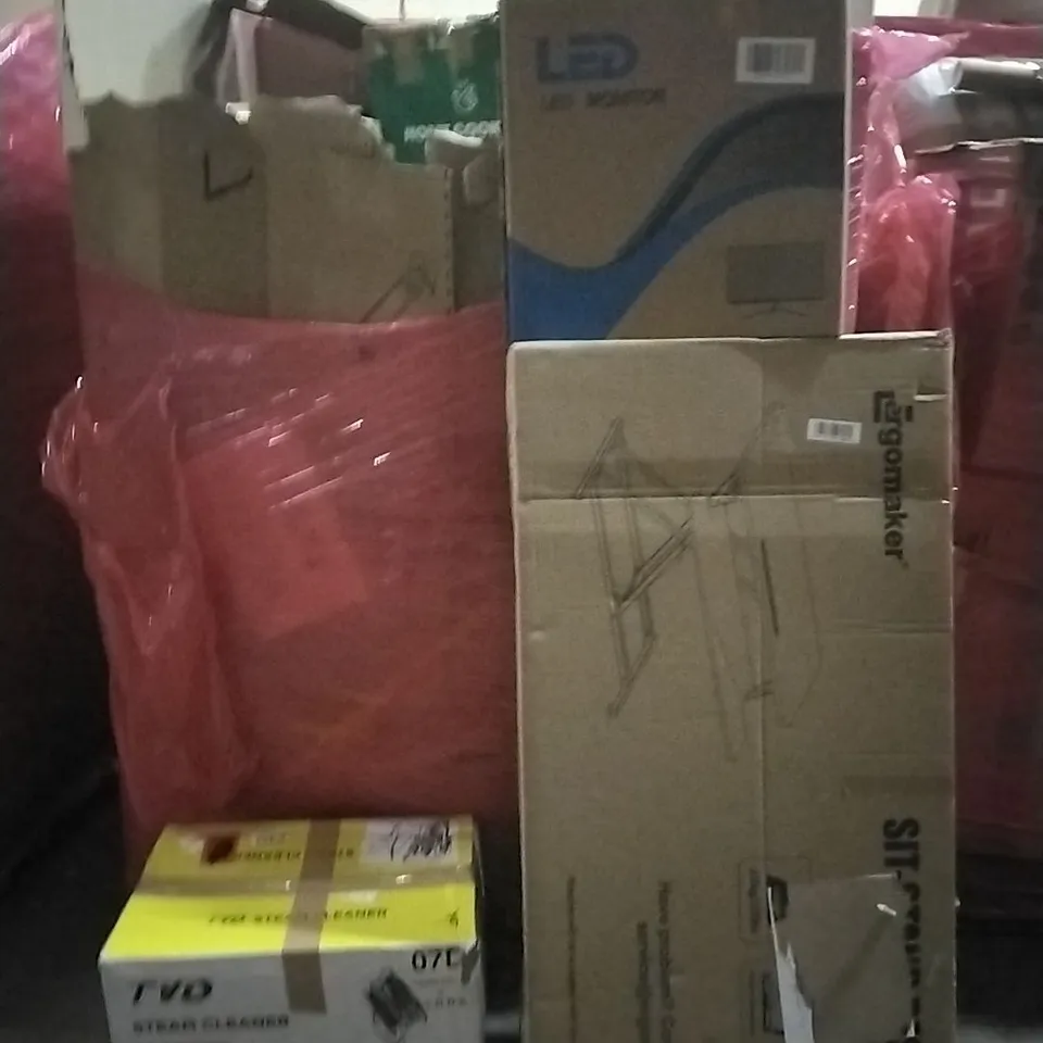 PALLET OF ASSORTED HOUSEHOLD GOODS AND PRODUCTS TO INCLUDE;STEAM CLEANER,DESKTOP,LED MONITOR 