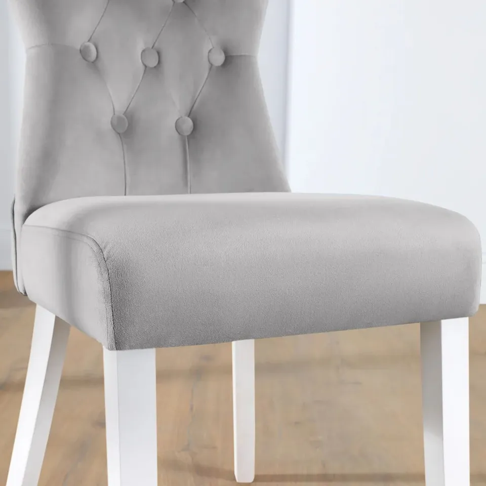 BOXED BEWLEY GREY VELVET BUTTON BACK DINING CHAIR (DARK OAK LEG)