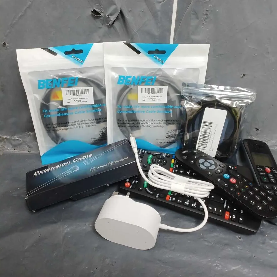 APPROXIMATELY 20 ASSORTED ITEMS TO INCLUDE EXTENSION CABLE, TV REMOTE CONTROL, DISPLAY PORT CABLE, POWER ADAPTERS 