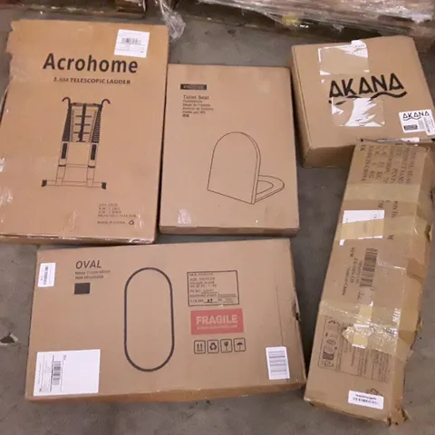 PALLET OF ASSORTED PRODUCTS INCLUDING TOILET SEAT, 2.6M TELESCOPIC LADDER, METAL FRAME MIRROR, CHRISTMAS TREE 