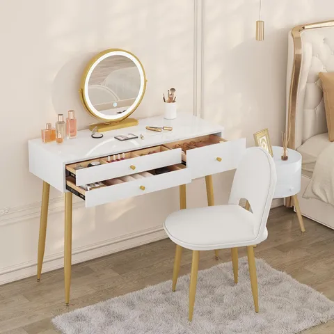 BOXED WOLTU DRESSING TABLE WITH LED MIRROR, ADJUSTABLE BRIGHTNESS, BACKREST ADJUSTABLE DRESSING CHAIR, WHITE+GOLDEN