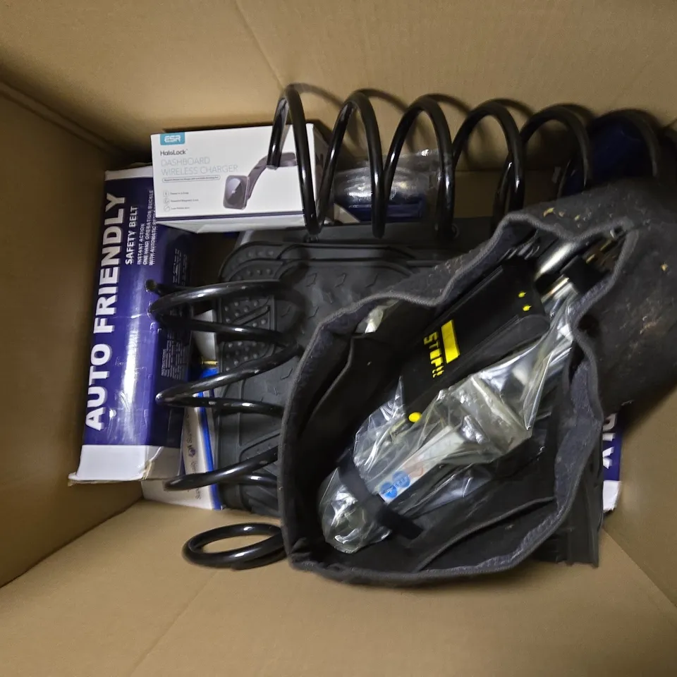 APPROXIMATELY 10 ASSORTED TOOLS AND AUTO PARTS TO INCLUDE CORDLESS SCREWDRIVER, VEHICLE INVERTER, AND SAFETY BELT ETC. 