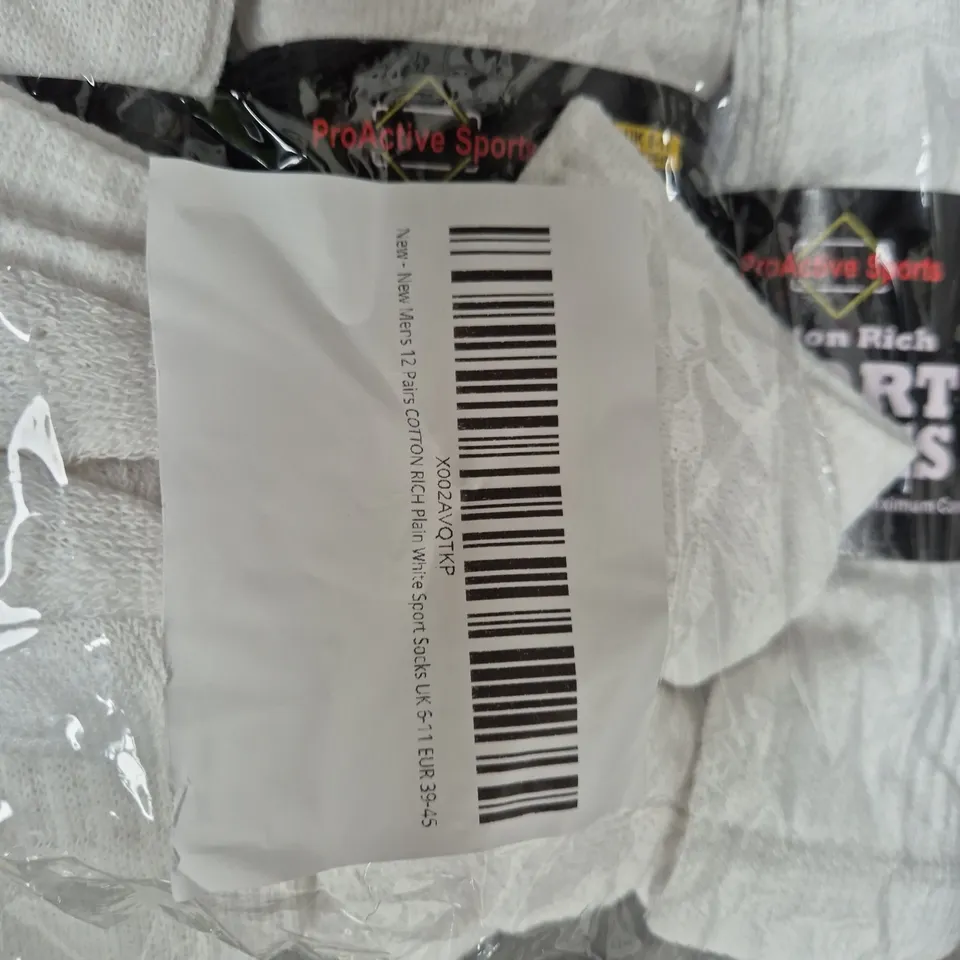 PROACTIVE SPORTS COTTON RICH WHITE SPORT SOCKS, 12 PAIRS, UK 5-11 (EUR 39-45) – SEALED