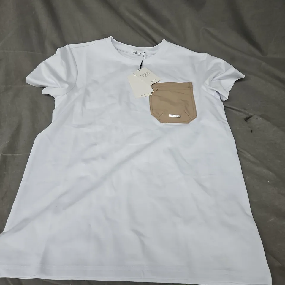 BELIER POCKET TEE – WHITE WITH TAUPE POCKET, SIZE S