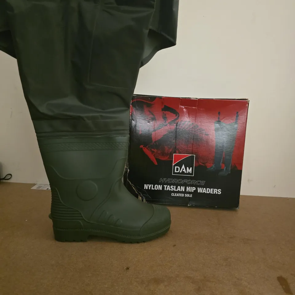DAM HYDROFORCE NYLON TASLAN HIP WADERS – CLEATED SOLE, GREEN UK 40