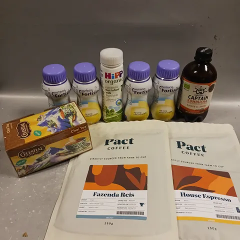 9 X ASSORTED FOOD/DRINK PRODUCTS TO INCLUDE PACT COFFEE, CAPTAIN KOMBUCHA, CHAI TEA ETC
