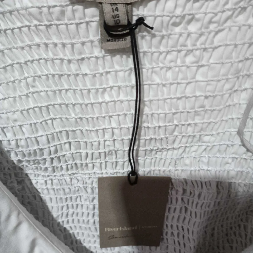 RIVER ISLAND WHITE SLEEVELESS DRESS WITH SMOCKED BODICE AND RUFFLE COLLAR – UK 14