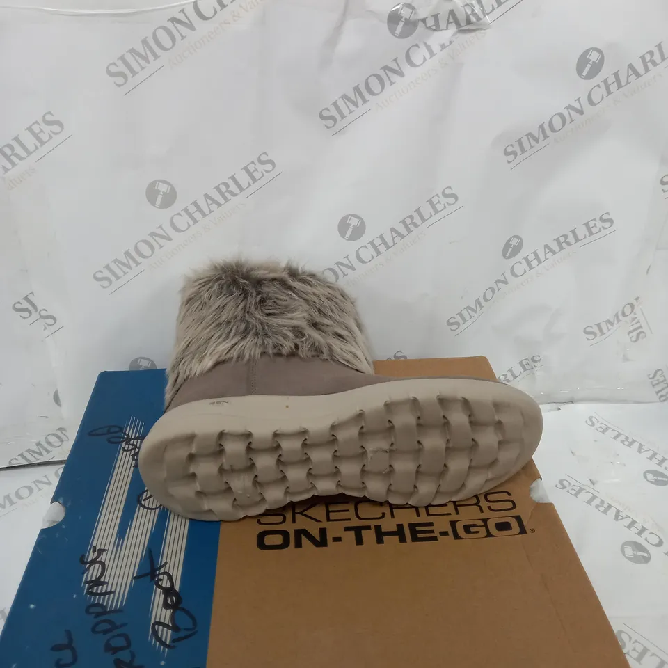 BOXED SKECHERS ON THE GO JOY MID SUEDE BOOTS, TAUPE - SIZE 5.5