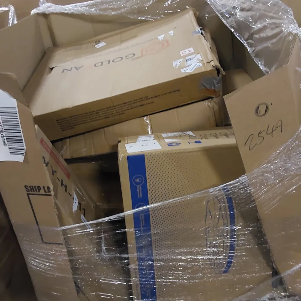 PALLET TO CONTAIN ASSORTED HOUSEHOLD ITEMS AND CONSUMER PRODUCTS. INCLUDING CEILING FAN WITH LIGHT, FOLDING WAGON, TELESCOPIC GARDEN TOOL, BOXED FURNITURE ETC