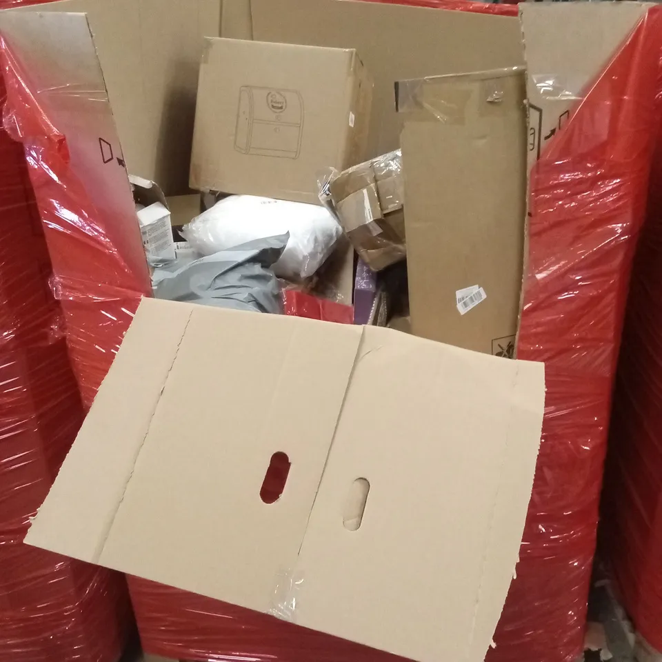 PALLET OF ASSORTED HOUSEHOLD GOODS AND PRODUCTS TO INCLUDE; BREAD BIN, STEAM CLEANER, BLIND ETC