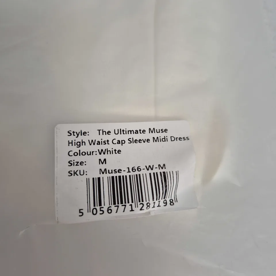 ODDMUSE THE ULTIMATE MUSE HIGH WAIST CAP SLEEVE MIDI DRESS – WHITE, UK SIZE M