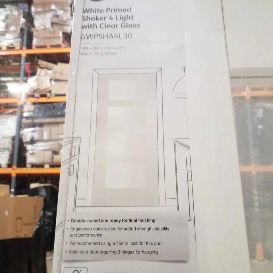 XL JOINERY WHITE PRIMED SHAKER 4 LIGHT WITH CLEAR GLASS INTERNAL DOOR 1981×762×35MM