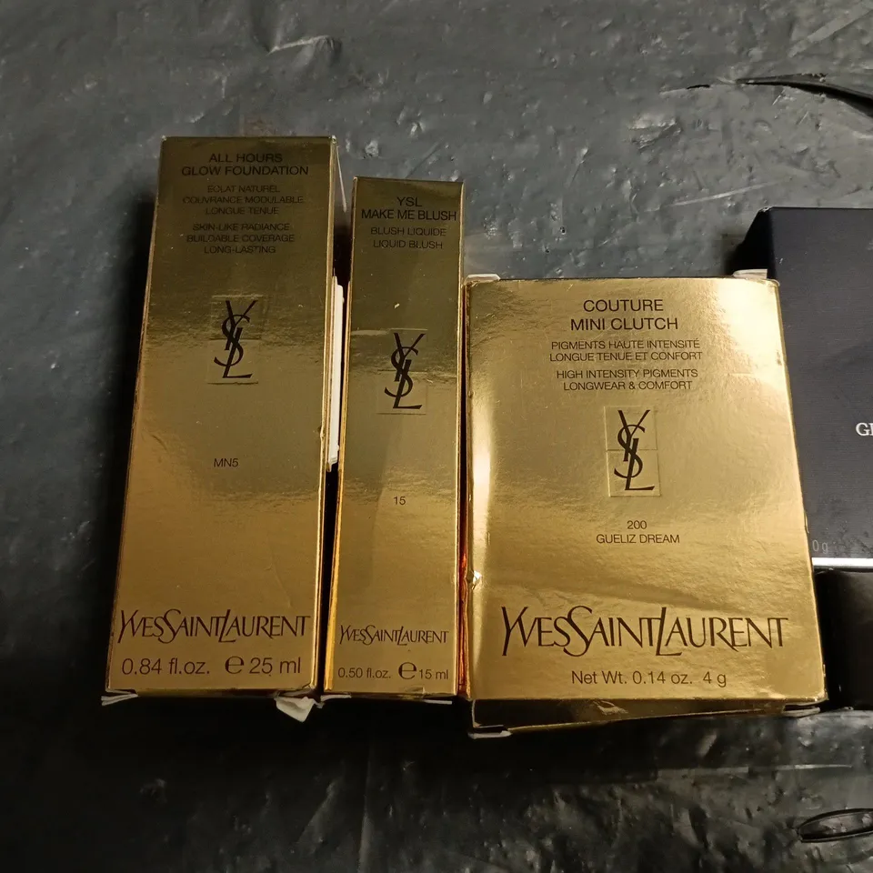 LOT OF 5 DESIGNER MAKE UP ITEMS TO INCLUDE DIOR HIGHLIGHTER AND BLUSH, LAURA MERCIER LIPSTICK AND YVES SAINT LAURENT GLOW FOUNDATION