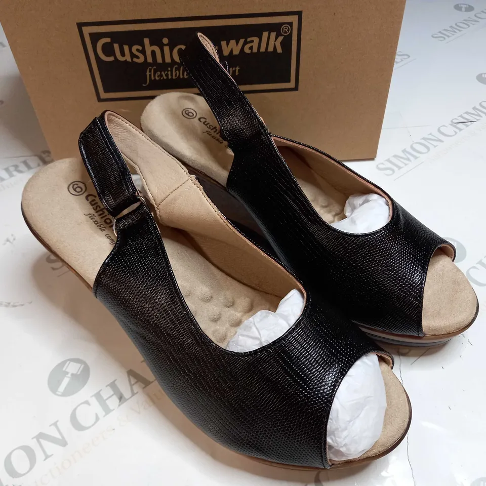 BOXED PAIR OF CUSHION WALK BLACK STRAPPY WEDGE HEELED SHOES - SIZE 6