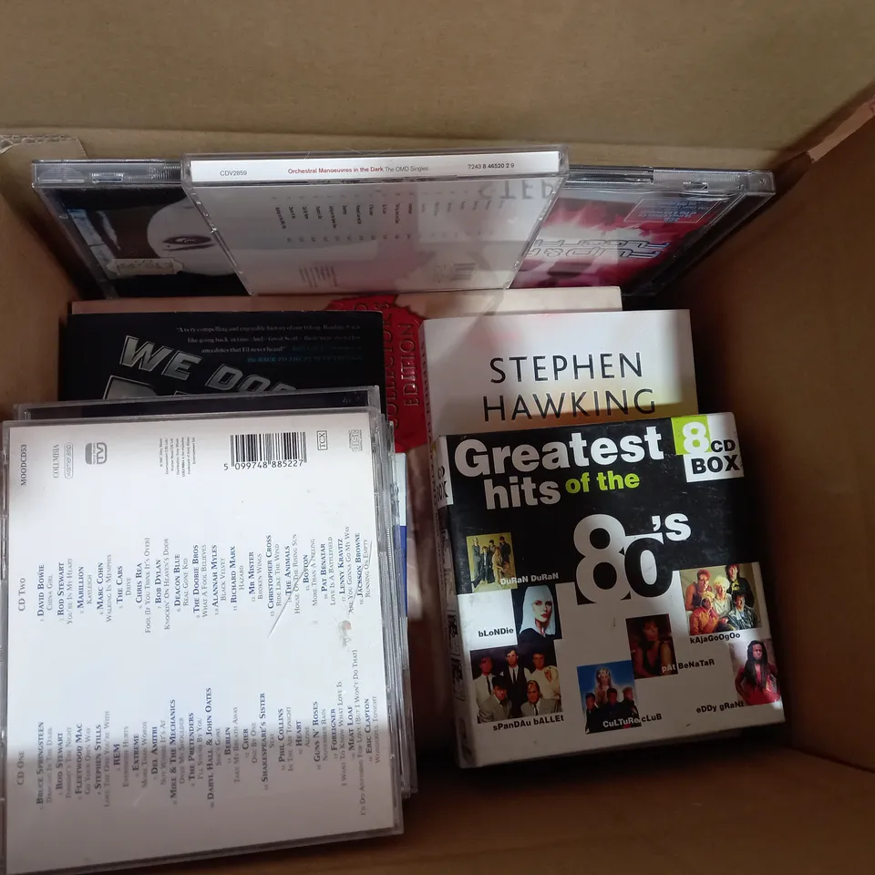 BOX OF APPROXIMATELY 20 ASSORTED HOUSEHOLD ITEMS TO INCLUDE A-HA FOOT OF THE MOUNTAIN CD, BEST OF NIK KERSHAW CD, BLAKE SHELTON BASED ON A TRUE STORY DC, ETC
