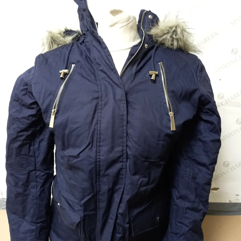 RUTH LANGSFORD FAUX FUR TRIM PARKA COAT IN NAVY SIZE SMALL 