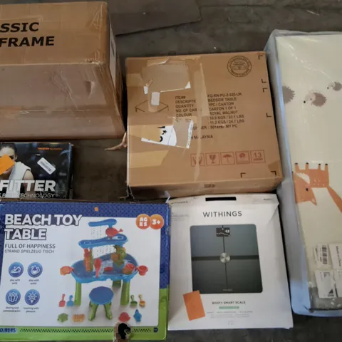 PALLET OF ASSORTED HOUSEHOLD ITEMS TO INCLUDE CLASSIC KART FRAME, BODY COMPOSITION SCALES AND BEACH TOY