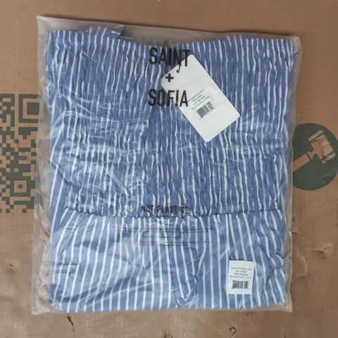 BAGGED SAINT + SOFIA MAYA SHIRRING DRESS IN BLUE STRIPE SIZE UK 16