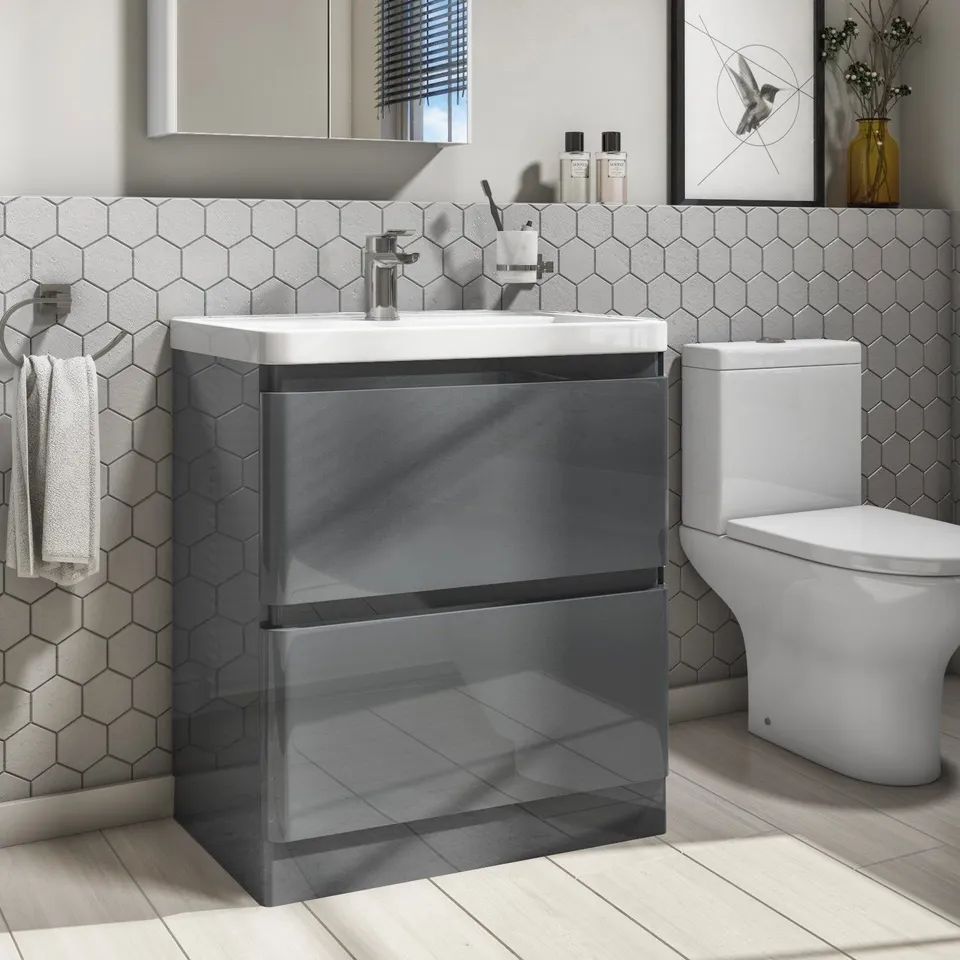 BOXED PORTLAND 800 TWIN DRAWER FLOOR STANDING VANITY UNIT DG GLOSS
