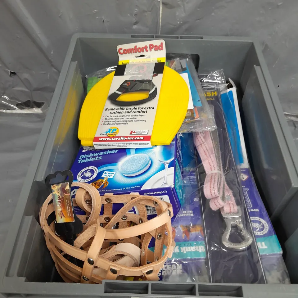 TOTE OF APPROX 10 HOUSEHOLD  ITEMS TO INCLUDE , DISHWASHER TABLETS , COMFORT PADS , ETC 