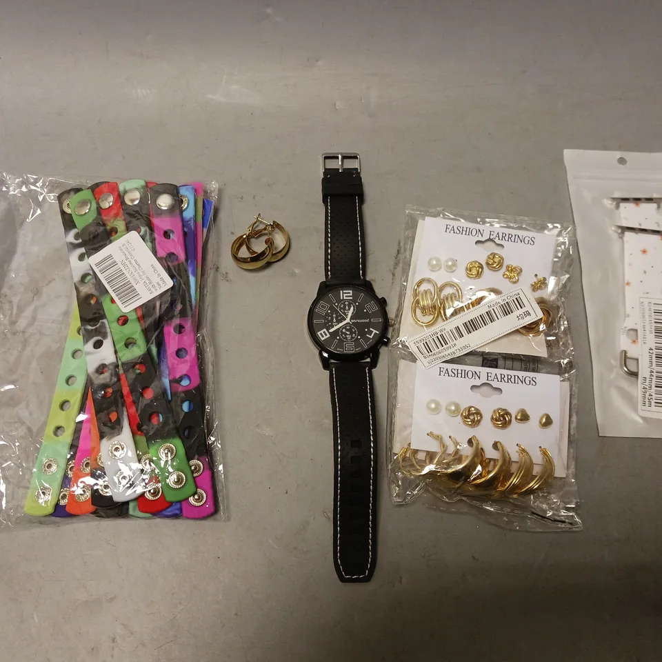 BOX OF APPROXIMATELY 15 ASSORTED ITEMS TO INCLUDE -SANWOOD WATCH , FASHION EARRINGS , WATCH STRAPS ETC