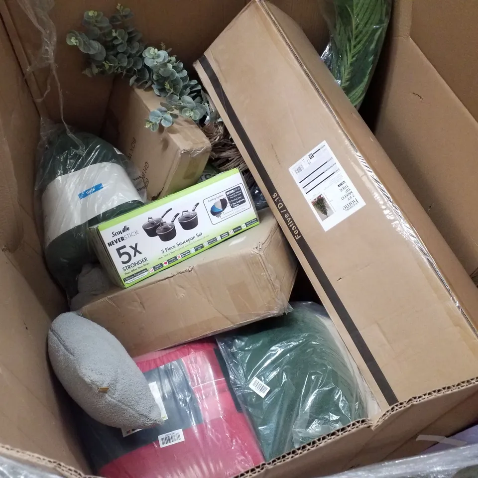 PALLET CONTAINING ASSORTED PRODUCTS INCLUDING ARTIFICIAL PLANTS, SCOVILLE COOKWARE SET, DUVET SETS & 7FT CHRISTMAS TREE