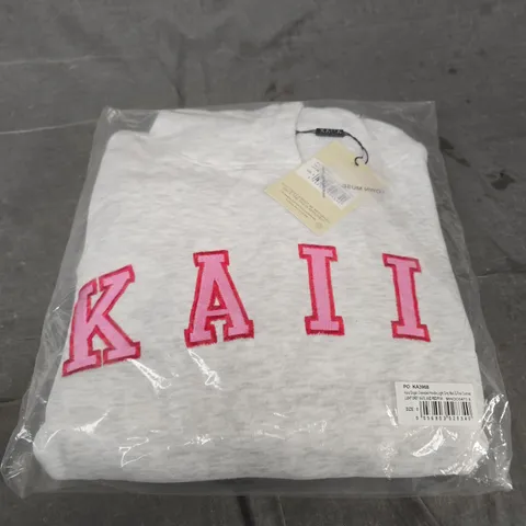 KAÏLA SLOGAN OVERSIZED HOODIE – LIGHT GREY MARL WITH PINK CONTRAST, UK 8