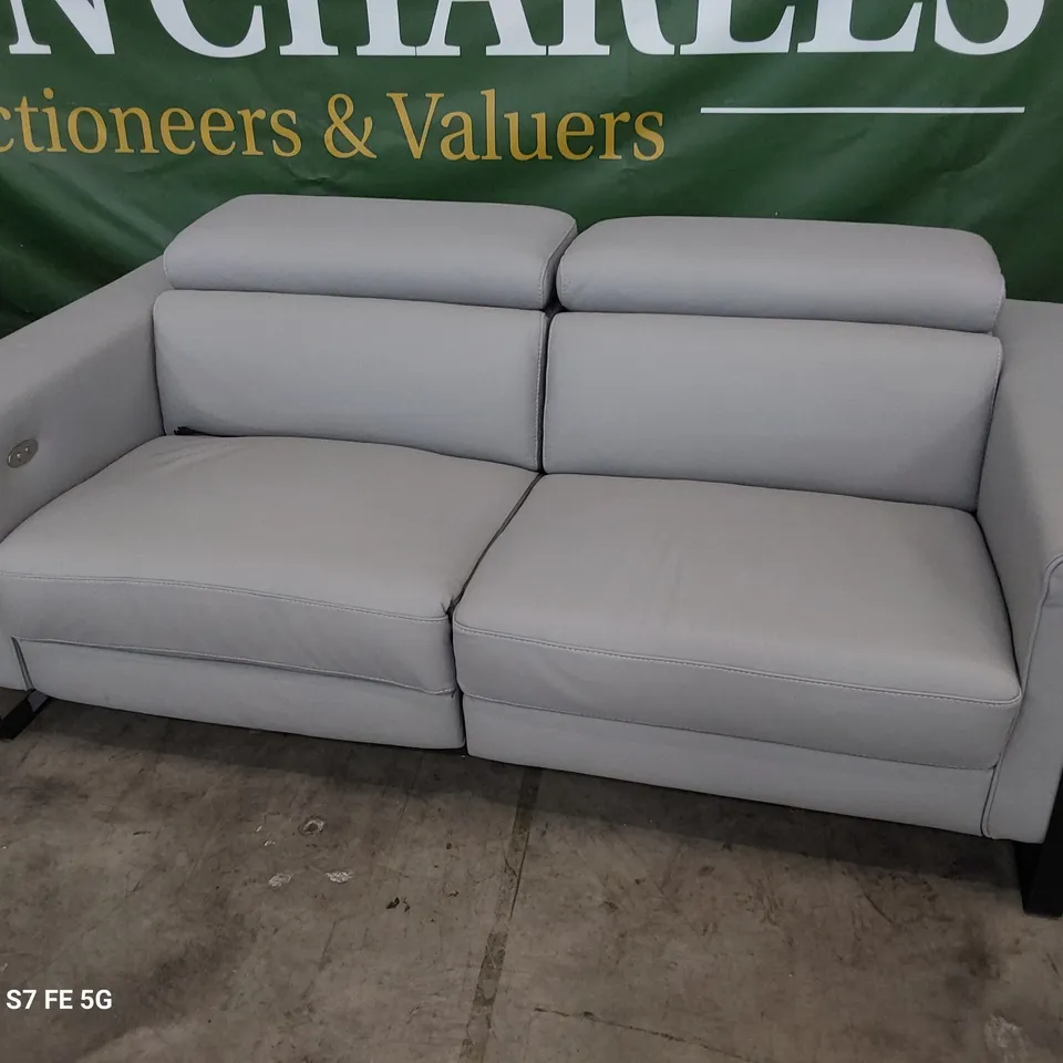 QUALITY ITALIAN DESIGNER ASHLEY THREE SEATER SOFA WITH LEFT HAND POWER RECLINER & ADJUSTABLE HEADRESTS GREY LEATHER 